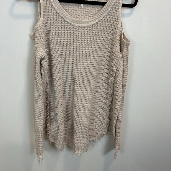 Free People Sunrise Small Cold Shoulder Tunic Sweater Beige Waffle Knit - Picture 3 of 11